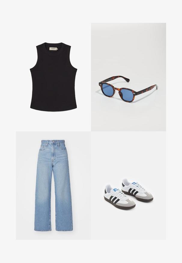 Black sleeveless top made from ribbed material with a round neckline and straight hem. Features a label inside at the back.; Light blue button-up shirt with vertical white and red stripes, long sleeves, and a single chest pocket; made of textured fabric.; Light blue high-waist wide-leg jeans with front button and zip closure, front and back pockets, on a white background.; Sport shoes with a white leather upper, gray suede toe, and three black stripes. Features a blue logo on the tongue and a textured rubber sole.; Tortoiseshell sunglasses with blue lenses, featuring a rounded frame and thin arms, highlighting a smooth texture and subtle design details.