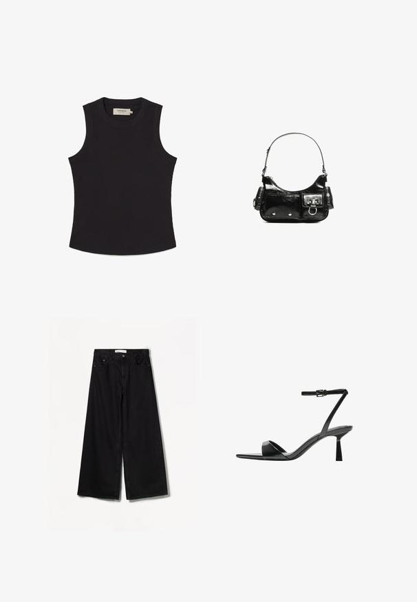 Crna bezrukavna majica izrađena od rebrastog materijala s okruglim dekolteom i ravnim donjim rubom. Ima oznaku unutra na leđima.; Bershka WIDE-LEG - Široke nogavice - black; Bershka Sandale s visokom petom - black; Crna patentna kožna torba s zakrivljenim oblikom, jednim remenom za rame, prednjim džepovima i akcentima od srebrnog tona.