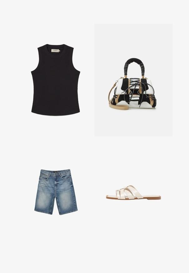 Zwarte mouwloze top van ribstof met een ronde halslijn en rechte zoom. Bevat een label aan de binnenkant aan de achterkant.; Leren denim shorts in lichtblauw, met een tailleband met riemlussen, vijf zakken en een licht vervaagde afwerking voor een versleten uiterlijk.; Vlakke sandalen met een tan rubberen zool, ontworpen met drie overlappende witte leren banden en een kleine strikdetail in het midden.; Multikleuren handtas met zwart, wit en beige gaas. Voorzien van een textuur handle, vetersluiting en een afneembare schouderband.