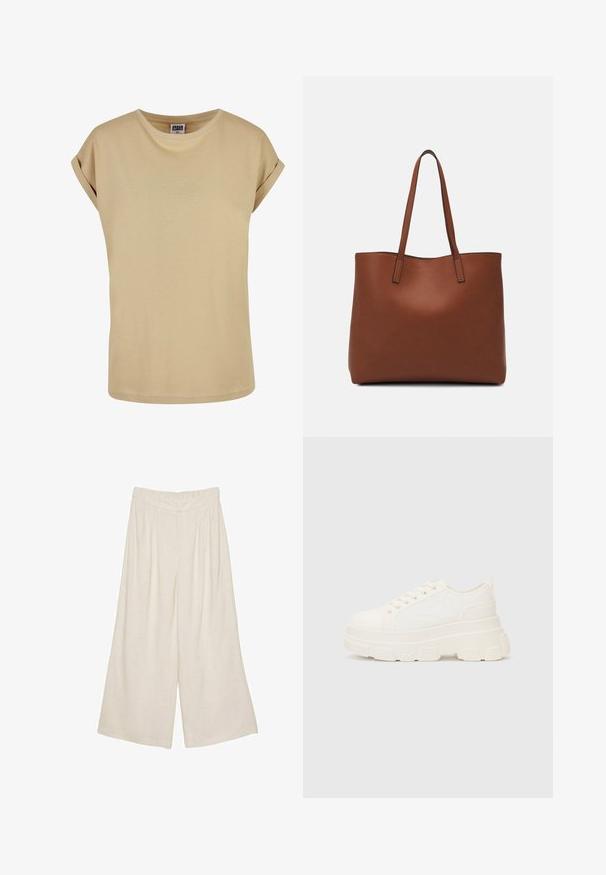 T-shirt beige a maniche corte con colletto rotondo e maniche arrotolate. Realizzato in tessuto morbido con una texture liscia, presenta dettagli di cucitura discreti.; Pantaloni larghi in lino di colore beige chiaro con un design plissettato e una vita elasticizzata per comfort e facilità d'uso.; Sneaker bianca in tela con suola spessa, punta arrotondata e cinque occhielli per i lacci. Linguetta sul retro per una facile calzata. Texture liscia, design minimalista.; Borsa tote in pelle marrone con texture liscia, design con apertura superiore e due spallacci. Presenta cuciture minime e nessun hardware visibile.