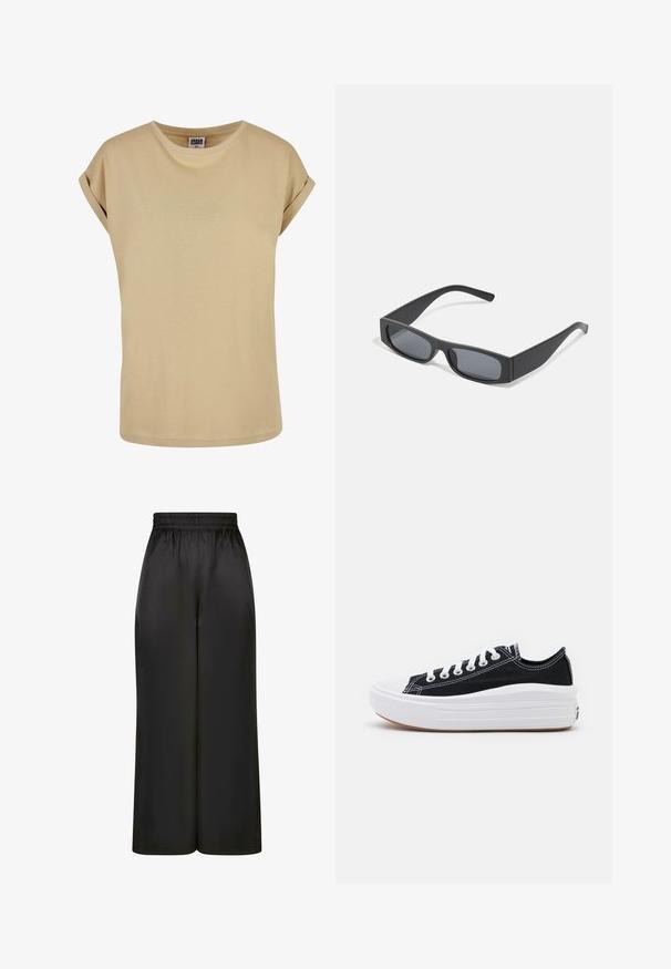 Camiseta de manga corta color beige con cuello redondo y mangas vueltas. Fabricada en una tela suave con una textura lisa, presenta detalles de costura discretos.; Pantalones negros de pierna ancha hechos de una tela suave y brillante, con una cinturilla elástica y sin bolsillos visibles ni detalles de metal.; Zapatillas de lona negras con cordones blancos, puntera de goma blanca y una suela blanca gruesa. Presenta costuras blancas sutiles y una suela de goma.; Gafas de sol negras rectangulares con lentes oscuros y montura gruesa mate. Las varillas son ligeramente cónicas con una textura suave.