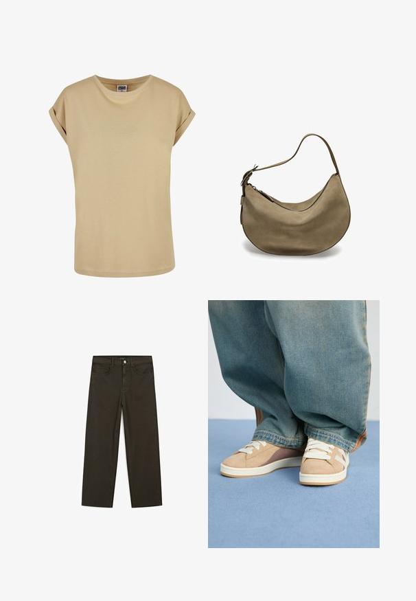 Beige kortærmet T-shirt med rund hals og opsmøgede ærmer. Lavet af blødt stof med en glat tekstur, prydet med diskrete sømdetaljer.; Mørkegrønne brede jeans lavet af en bomuldsblanding, med en frontlukning med knap, fem lommer og klassisk denim-syning.; Beige sneakers lavet af ruskind og stofmaterialer, med hvide snørebånd, lysebrune accenter og en tekstureret sål. Båret med løse blå denim-bukser.; Brun ruskinds hobo taske med en buet form, enkelt skulderrem, lynlås lukning og glat tekstur. Enkel design med minimale hardware detaljer.