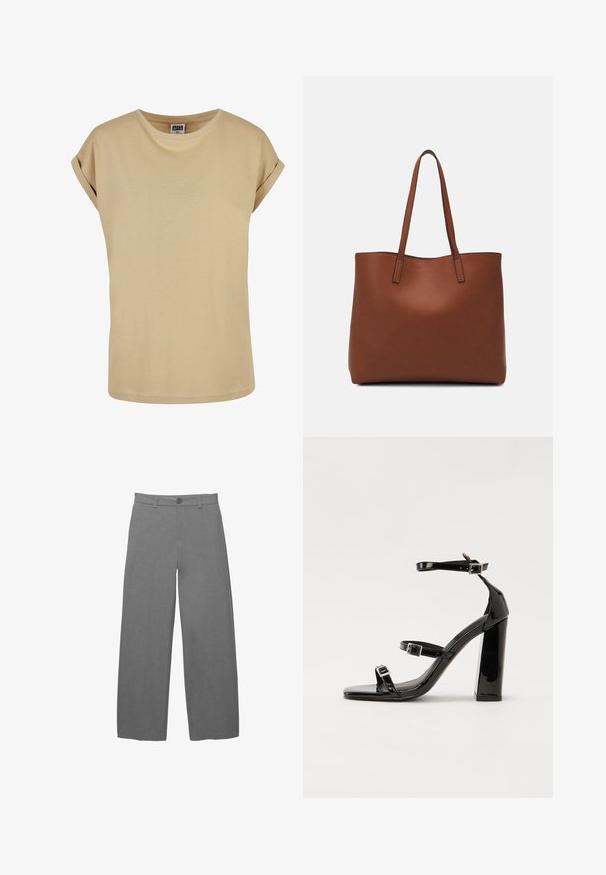 Beige kortärmad T-shirt med rund hals och uppvikta ärmar. Tillverkad av mjukt tyg med en slät textur, med diskreta sy detaljer.; Ljusa grå vida byxor i ett slätt, texturerat tyg, med knappstängning fram och hällor runt midjan.; Svarta lackerade högklackade sandaler med två spännband, fyrkantig tå och en tjock klack, med en slät och glansig yta.; Brun läder tote-väska med en slät textur, öppen toppdesign och två axelremmar. Har minimal söm och ingen synlig metalldetalj.