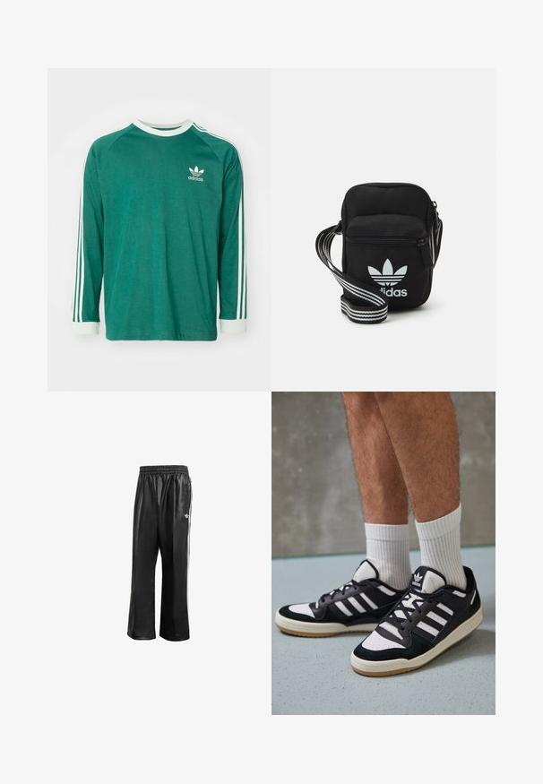 Camisola verde de manga longa em algodão, com detalhes brancos, decote redondo canelado e três riscas brancas ao longo das mangas.; Calças de treino sintéticas pretas com um cós elástico, apresentando riscas laterais brancas e um pequeno logótipo branco no quadril esquerdo.; Ténis em preto e branco com upper em camurça e couro, apresentando três riscas brancas, um toe perfurado e uma sola em borracha de goma.; Sacolinha transversal de tecido preto com fecho de zíper, apresentando um logo da Adidas em branco e uma alça ajustável listrada para facilitar o transporte.