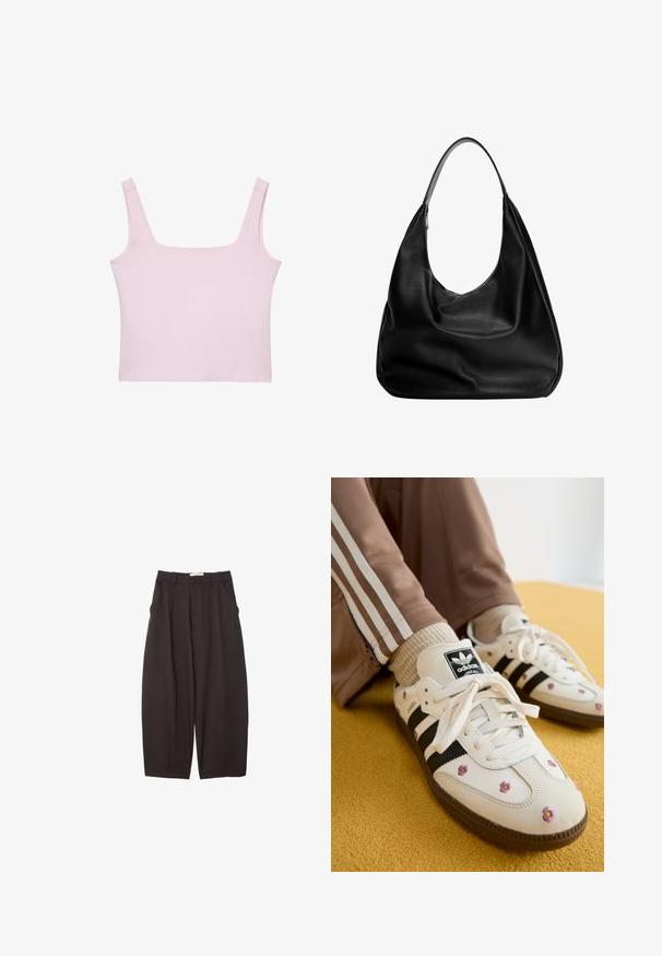 Lichtroze tanktop met een vierkante halslijn, brede bandjes en een aansluitend, cropped ontwerp van zachte, rekbare stof. Geen patronen of hardware.; Zwarte wijde broek gemaakt van een gladde stof, met een hoge taille, voorplooien en zijzakken. Eenvoudig ontwerp zonder versieringen.; Witte leren sneakers met drie zwarte strepen en bloemenborduurwerk in paars en geel. Bruine rubberen zool. Gecombineerd met beige geribde sokken.; Zwarte leren hobo tas met een slouchy ontwerp, brede schouderband en een gladde textuur. Heeft een enkele ritssluiting aan de zijkant.