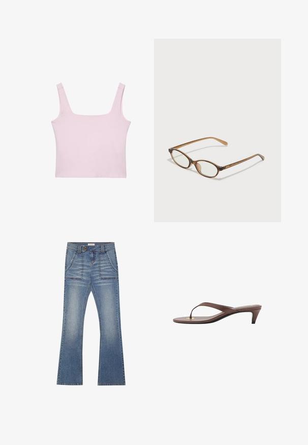 Svetloružový top bez rukávov so štvorcovým výstrihom, širokými ramienkami a priliehavým, skráteným strihom vyrobený z mäkkého, elastického materiálu. Bez vzorov alebo kovania.; Even&Odd Džínsy bootcut - blue denim; Hnedá platformová žabková sandála s úzkym remienkom a zaobleným prstom, s malým zlatým akcentom na podrážke.; Hnedé želvovinové okuliare s oválnymi sklíčkami, tenkými ramenami a priesvitnými akcentmi. Obsahujú jemný logo na stranici. Štýlový, ľahký dizajn.