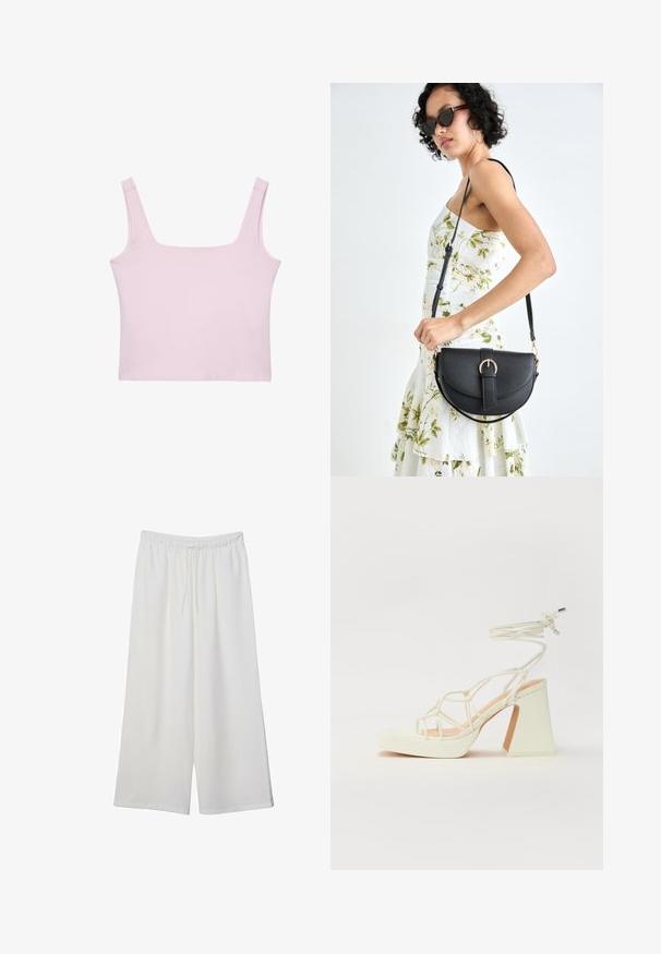 Svijetlo ružičasta majica bez rukava s kvadratnim izrezom, debelim naramenicama i prilagođenim, skraćenim dizajnom izrađenim od mekog, rastezljivog materijala. Bez uzoraka ili dodataka.; Bijele hlače širokog kroja izrađene od lagane tkanine, s elastičnim pojasom i vezicom za prilagodljivu veličinu. Glatka tekstura.; Bijela sandala na visokoj potpetici s debelim petom, s remenom i vezanjem oko gležnja. Glatka tekstura s platformom sprijeda za dodatnu visinu.; Crna kožna torba s lukovitim oblikom, odvojivim remenom i zlatnim detaljima. Torba ima preklop s kopčom.