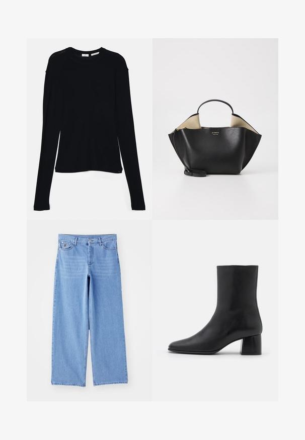 Sort langærmet bluse lavet af blødt stof, med rund halsudskæring og en afslappet pasform med sideslids i kanten for nem bevægelse.; Lys blå brede ben jeans lavet af denim, med et klassisk fem-lomme design og en knaplukning. Glat tekstur, slidte kanter.; Sorte læder ankelstøvler med spids tå og en kraftig firkantet hæl. Glat overflade med et sømløst design og minimalistisk syning.; Ree Projects ANN TOTE MINI - Håndtasker - black