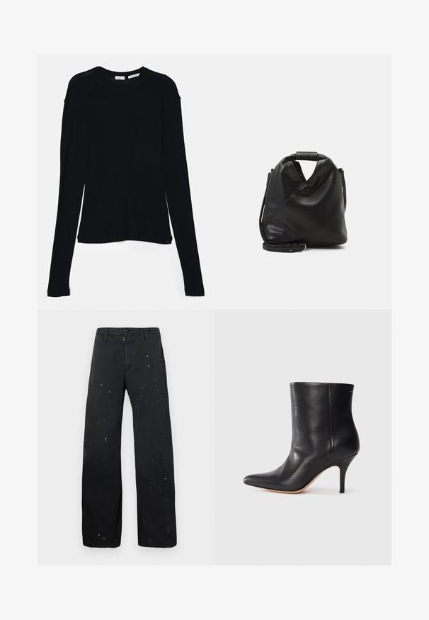 Czarny, długi rękaw top wykonany z miękkiego materiału, z okrągłym dekoltem i luźnym krojem z bocznymi rozcięciami u dołu, zapewniającymi swobodę ruchów.; MM6 Maison Margiela - Jeansy Relaxed Fit; Czarne skórzane botki za kostkę z wyciągniętym noskiem, smukłym obcasem w stylu stiletto i gładką teksturą. Minimalistyczny design bez widocznych elementów metalowych czy akcentów.; Czarna, miękka skórzana torba o unikalnym skręconym wzorze. Posiada krótki uchwyt oraz odpinany pasek na ramię. Styl minimalistyczny.