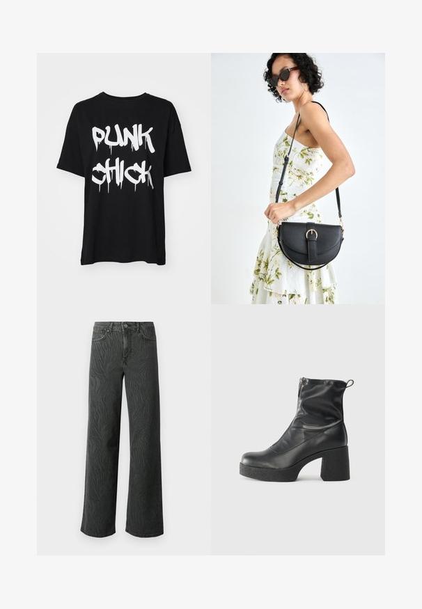 Noisy May SERA ONECK VIP - Potiskana majica - black; Široke hlače iz temnega sivega denima, z diskretno teksturo zebri, kontrastnim šivanjem in petimi žepi ter z gumbom za zapiranje.; Črne gležnjarje iz gladke kože z božnim zadrgo, masivnim teksturiranim peto in zaobljeno obliko prstov.; Črna usnjena torbica s ukrivljeno obliko, z odstranljivo naramnico in zlatimi dodatki. Torbica ima pokrov s podrobnostmi v obliki zaponke.