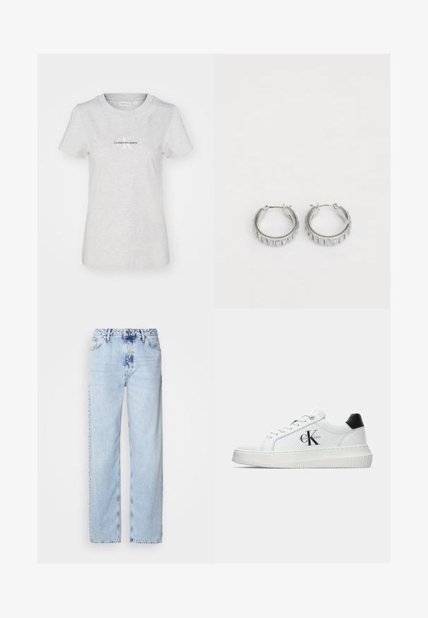 Grå bomullströja med rund halsringning och korta ärmar. Visar "CalvinKleinJeans"-logotypen i svart med en accentuerad "K". Slät yta.; Ljusblå vida jeans i denim med hög midja, blekt tvätt och subtilt tie-dye-mönster fram.; Vit lågtopp sneakers med svart hälflik, platåsål, snörning och Calvin Klein "CK" logotyp på sidan.; Silverfärgade hoopörhängen med en texturerad design som har vertikala räfflor. Cirkelformade med ett säkert lås. Slät yta.