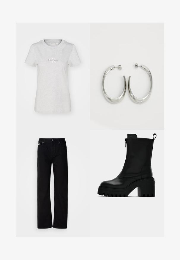 Γκρι βαμβακερό μπλουζάκι με στρογγυλή λαιμόκοψη και κοντά μανίκια. Φέρει το λογότυπο "CalvinKleinJeans" σε μαύρο χρώμα με τονισμένο το "K." Απαλή υφή.; Μαύρο τζιν παντελόνι straight-leg με πέντε τσέπες, ασημένιες καστόνια και κουμπί κλεισίματος. Το ύφασμα έχει μια λείο, ελαφρώς υφασμένο φινίρισμα.; Μαύρη δερμάτινη μπότες έως τον αστράγαλο με χοντρή σόλα, τετράγωνη φτέρνα, πλαϊνό φερμουάρ και θηλάκι στο πίσω μέρος, σε λευκό φόντο.; Ασημένια σκουλαρίκια κρίκοι με μαλακή, καμπυλωτή σχεδίαση. Διαθέτουν γυαλιστερή μεταλλική υφή και κλείσιμο με σφίγγα. Χωρίς ορατά μοτίβα ή διακοσμήσεις.