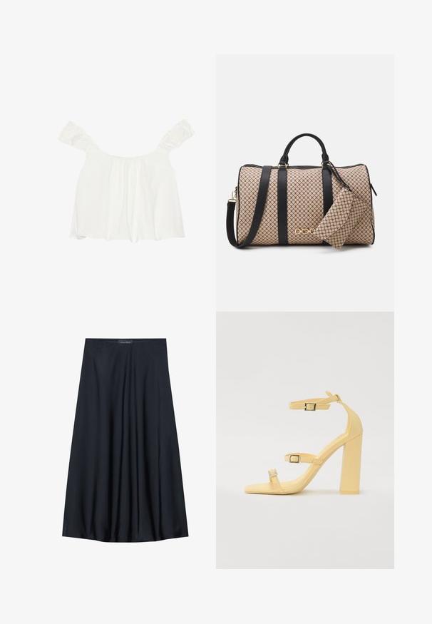 Hvid off-shoulder top med rynkede ærmer, lavet af blødt stof. Har samlet detalje foran og en løs pasform.; Ärmløs gul top med en tekstureret overflade og en sammensnørret detalje i siden. Blødt stof og en afslappet pasform, med en lige kant.; Sort, knælang nederdel lavet af letvægtsstof med et svævende design. Har en glat tekstur og subtile plisseringer for en ekstra detalje.; Gule blokhælede sandaler med tre justerbare remme, firkantet tådesign, glat syntetisk materiale og sølvfarvede spænder.; Duffel taske med en beige mønstret ydre, sorte læderstropper, gyldent hardware og en lille matchende pung fastgjort. Struktureret design.; Guldtonet rektangulær armbåndsur med en hvid skive, sølvtonede time markører og et holdbart metalled. Vandafvisende funktion inkluderet.