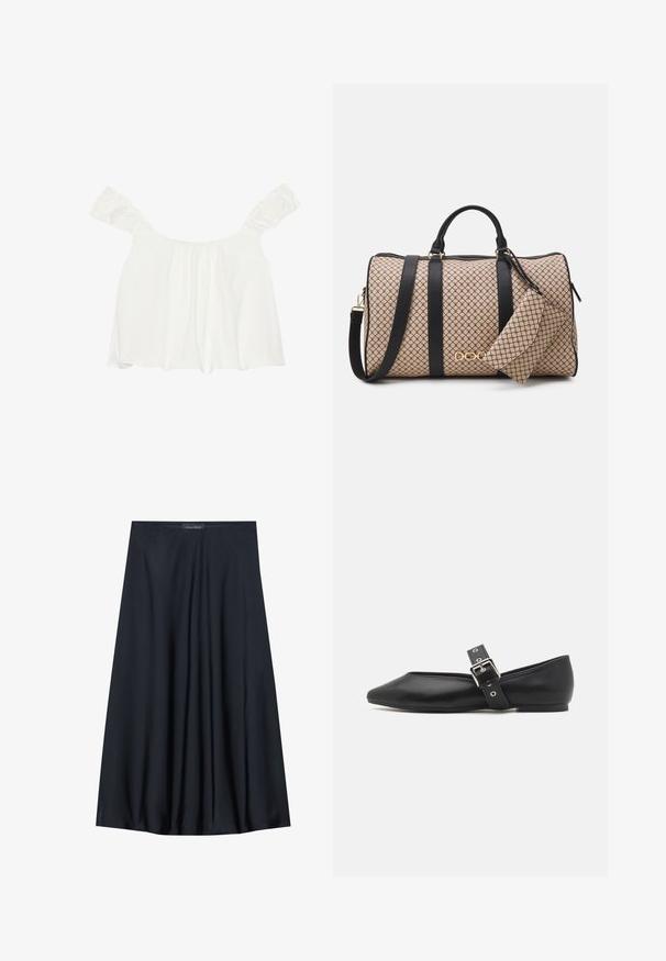 Top blanco sin hombros con mangas acampanadas, hecho de una tela suave. Presenta detalles fruncidos en la parte frontal y tiene un corte holgado.; Falda negra, de largo hasta la rodilla, hecha de una tela ligera con un diseño fluido. Presenta una textura suave y pliegues sutiles como detalle adicional.; Zapato plano de cuero negro con punta afilada, correa lateral con hebilla plateada y tacón bajo. Textura suave y diseño minimalista.; Bolso de lona con un exterior beige estampado, asas de cuero negro, herrajes dorados y un pequeño estuche a juego adjunto. Diseño estructurado.; Reloj de pulsera rectangular de tono dorado con esfera blanca, marcadores de horas de tono plateado y una duradera pulsera de metal. Incluye función de resistencia al agua.