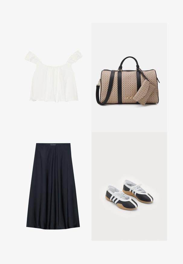White off-the-shoulder top with ruffled sleeves, made of soft fabric. Features gathered detailing at the front and a loose fit.; Black, knee-length skirt made of lightweight fabric with a flowy design. Features a smooth texture and subtle pleats for added detail.; Black and white athletic shoes with a sleek design, rubber sole, lace-up closure, and three white stripes on the sides.; Duffle bag with a beige patterned exterior, black leather straps, gold hardware, and a small matching pouch attached. Structured design.; Gold-tone rectangular wristwatch with a white dial, silver-tone hour markers, and a durable metal link bracelet. Water-resistant feature included.