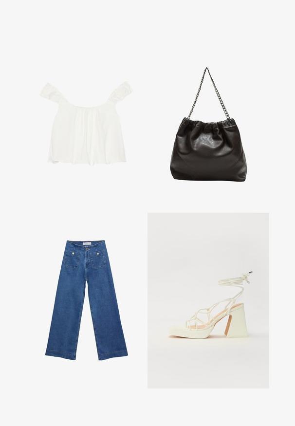 Weißes, schulterfreies Oberteil mit Rüscheärmeln, aus weichem Stoff. Mit gerafften Details an der Vorderseite und einer lockeren Passform.; Denim-Hosen im weiten Schnitt mit einer mittleren blauen Waschung, zwei Vordertaschen mit Knopfverschluss und genähten Details entlang der Säume.; Weiße High-Heel-Sandale mit einem klobigen Absatz, die über ein Riemchendesign und ein Knöchelband verfügt. Glatte Textur mit einer Plattform vorne für zusätzliche Höhe.; Braune Lederhandtasche mit gerafftem Oberteil und Kettenriemen. Glatte Textur mit glänzendem Finish und subtilen Nahtdetails an den Seiten.