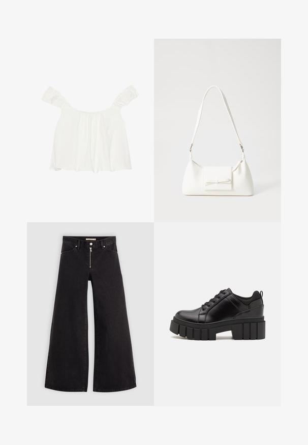 Hvid off-shoulder top med rynkede ærmer, lavet af blødt stof. Har samlet detalje foran og en løs pasform.; Vide ben jeans i sort denim med lynlås foran, fem lomme-design og subtile stikninger. Glat tekstur og afslappet stil.; Sorte læder platform sko med en klodset blokhæl, rund tå og traditionelt snøredesign. Har en glat tekstur og minimal detaljering.; Hvid syntetisk håndtaske med en trekantet form, flad forsideklap og sløjfedetalje, justerbar strop, glat tekstur og minimalistisk design.