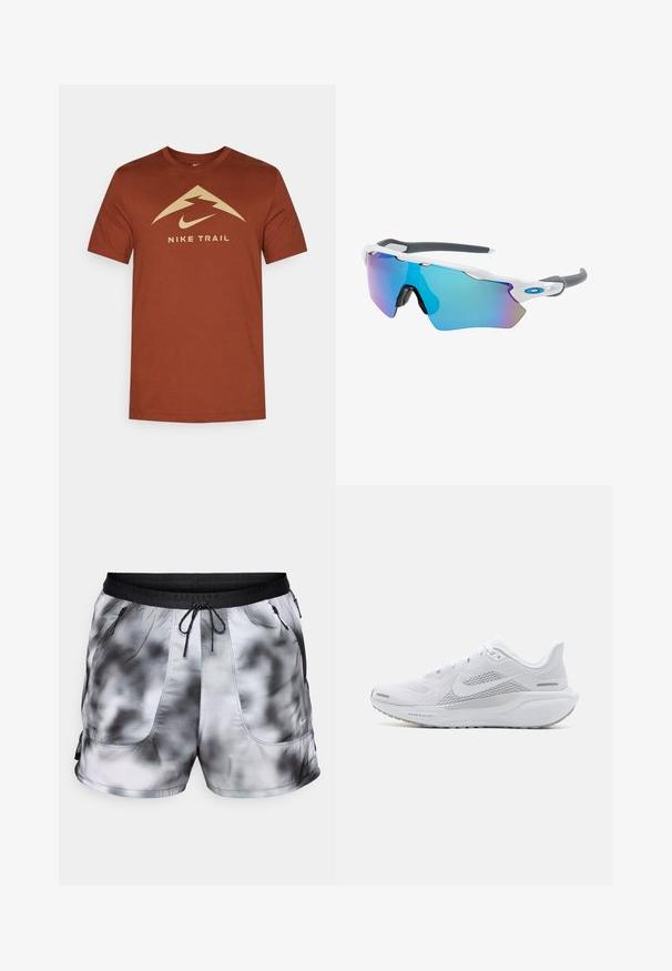Lühikeste varrukatega, ümmarguse kaelusega T-särk rusti värvuses. Esiküljel on kreemjas mäe graafika ja "NIKE TRAIL" tekst logo all. Puuvillase segu kangas.; Meeste sportlikud lühikesed püksid must-valges seotud värvimise mustris. Valmistatud kergest ja hingavast kangast, kahe lukuga taskuga ja nööri vahemiku reguleerimisega.; Valge sportlik king, millel on võrgust pealne osa, sujuva tekstuuriga kattekiht, hallid aktsendid, sidemed ja pehmendatud tald, mis on mõeldud sooritusvõime jaoks.; Valged raamidega päikeseprillid, hallide aktsentidega ja siniste peegelprillidega. Sportlik disain, ümber keha kujundus ja reguleeritavad ninasillad.