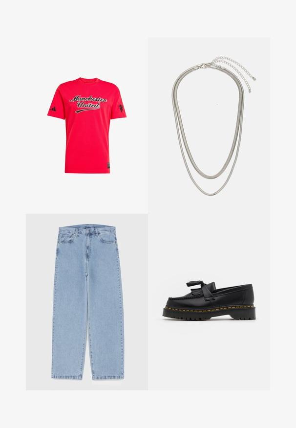 Röd bomulls-T-shirt med texten "Manchester United" i svart, med svart Adidas-logotyp på ena ärmen och lejonlogotyp på den andra.; Ljusblå denimjeans med rak bendesign, midjehög midja, fem fickor samt knapp- och dragkedjestängning.; Svart läderloafer med en tofsdetalj, med en kraftig svart sula och gul söm längs kanten. Strukturerad yta.; Tre-lager silvermetallhalsband med eleganta, flexibla kedjor med en svag glans, säkrad med ett kräftklämma och justerbar kedja.