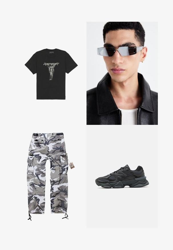 Melnas kokvilnas T-krekls ar īsām piedurknēm, kurā ir priekšējā grafika ar statuju un vārds "NOŽĒLO" treknā pelēkā fontā.; Kamikas stila cargo bikses pelēkās un baltās nokrāsās, ar vairākiem kabatām un šņorēm pie potītēm, lai pielāgotu fit.; Melna skriešanas apavi ar jauktu acu audumu un sintētiskiem materiāliem, masīvu zoli, izliekta dizaina elementiem un izteiktu zīmola logotipu uz sāniem.; Stūrainas pelēkā toņa saulesbrilles ar sudraba detaļām, novietotas uz gaiša fona. Lēcas ir ar unikālu ģeometrisku formu.