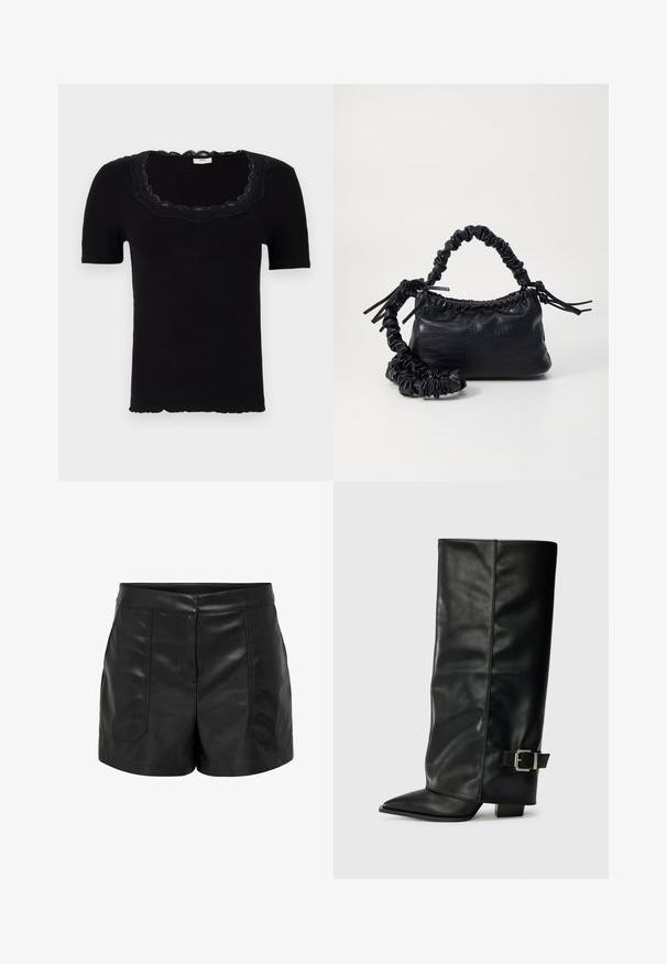 Melna īsām piedurknēm T-kreklā ar viļņotu mežģīņu kaklu un ribotu tekstūru; pieguloša forma; apakšmalē ir smalks viļņains edges.; Melni ādas šorti ar gludu tekstūru, kas aprīkoti ar divām priekšējām kabatām un pielāgotu piegriezumu. Jostasvietas daļa ir plakana, bez redzamām aizdariem.; Melni ādas potītes zābaki ar asu purngalu, gludu virsmu un sudraba sprādzi uz sāniem. Masīvs kvadrātveida papēdis.; Melnā mākslīgās ādas rokassoma ar krokodila rakstu, savilkta augšdaļa un saburzīta siksna. Izskatās mīksta un kompakta pēc dizaina.