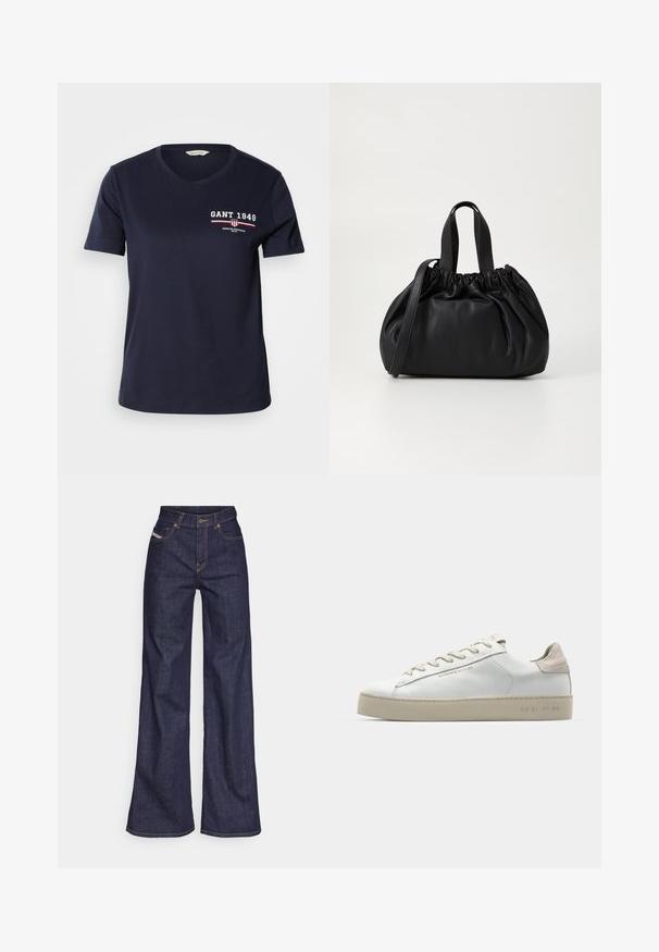 Tumši zila kokvilnas T-krekls ar V veida kakla izgriezumu, īsām piedurknēm, ar baltu un sarkanu logo tekstu "GANT 1949" un dizaina akcentiem kreisajā krūtī.; Tumši zili platleņķa džinsi no denima auduma ar augstu jostasvietu, ar oranžām šuvēm, piecu kabatu dizainu un pogu aizdari.; Baltas ādas sporta apavi ar gludu virsmu, bēšas zamša akcenti, apaļa pirksta forma, plakans šņorēšanas dizains un tekstūrota gumijas zole.; Melnas ādas rokassomu ar savākta augšdaļa dizainu, kas aprīkota ar divām īsām rokturiem un garu regulējamu siksnu. Gluda tekstūra, noapaļota forma.