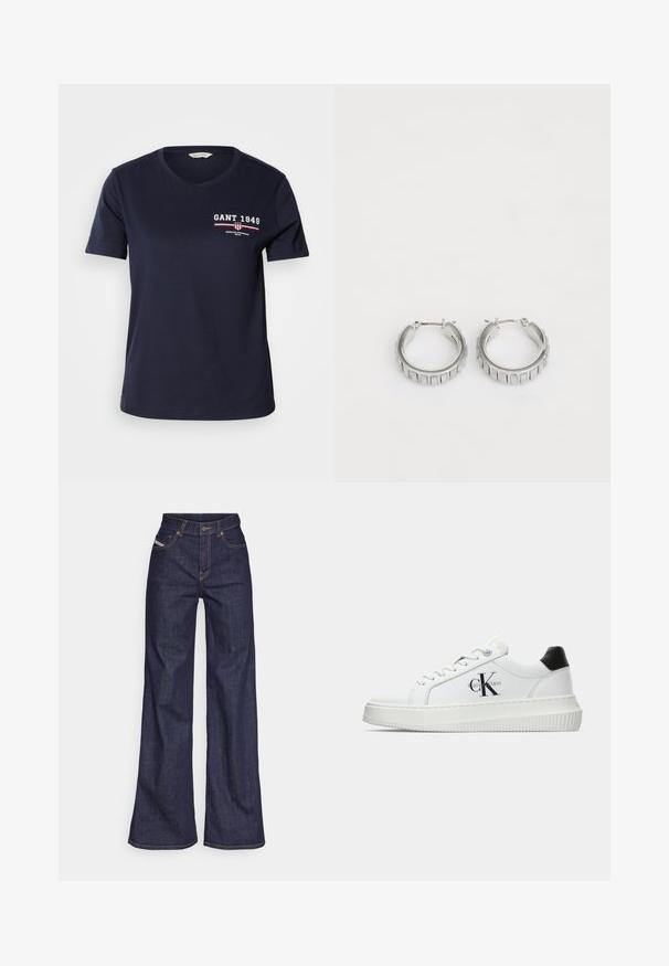 Sötétkék pamut póló V nyakkal, rövid ujjú, fehér és piros "GANT 1949" logó szöveggel és dizájn kiegészítőkkel a bal mellen.; Sötétkék, bő szárú farmernadrág, magas derékkal, narancssárga varrással, öt zsebes kialakítással és gombos zárással.; Fehér alacsony szárú edzőcipő fekete saroktabbal, platform talppal, fűzőkkel és Calvin Klein "CK" logóval az oldalán.; Ezüst fülbevalók, texturált mintával, függőleges barázdákkal. Kerek forma, biztos záródással. Sima felület.