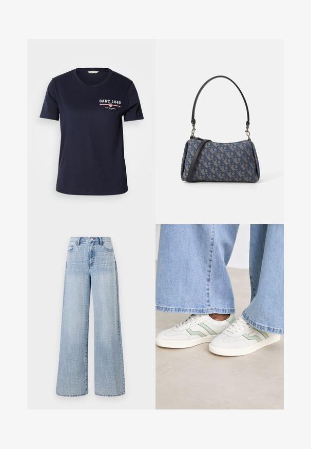 Navy blue cotton t-shirt with a V-neck, short sleeves, featuring white and red logo text "GANT 1949" and design accents on the left chest.; Light blue wide-leg jeans made of denim, featuring a dotted pattern across the fabric and a high waist with a classic five-pocket design.; White sneakers with light green accents, textured leather, and flat rubber soles. Paired with wide-leg denim pants.; Blue patterned handbag made of fabric, featuring a curved shape, black leather strap, and logo design in a lighter shade.