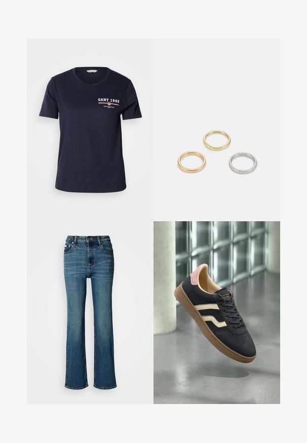 Námornícky modré bavlnené tričko s výstrihom do V a krátkymi rukávmi, s bielym a červeným logom "GANT 1949" a dizajnovými akcentmi na ľavom hrudi.; Džínsy s vysokým pásom, vyrobené z denimu, s rovnými nohavicami, jemným vyblednutím a štandardným zapínaním na gombík a zips.; Námornícke kožené tenisky s krémovými pruhmi, ružovými akcentmi na päte a textúrovanou béžovou gumovou podrážkou. Klasický nízky dizajn.; Triumf kovových prsteňov: jeden v ružovom zlate, jeden zlatý s textúrovanými akcentmi a jeden strieborný, všetky s gravírovaným logom na vnútornej strane.
