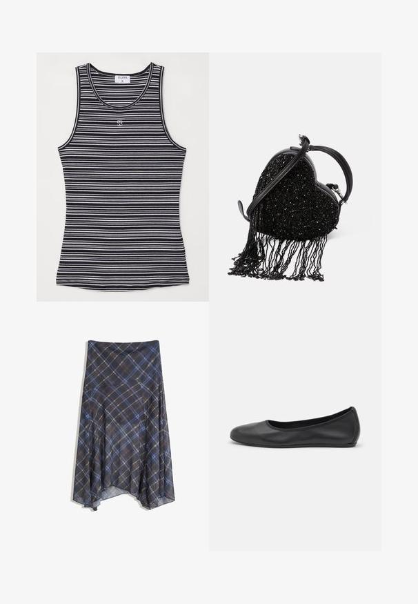 Zwart-wit gestreepte tanktop gemaakt van zachte stof, met een ronde halslijn en een klein logo op het midden van de voorkant.; Zwarte geruite rok met blauwe en bruine lijnen, vloeiende stijl, middellang, gemaakt van lichte stof met een gladde textuur.; Zwarte leren ballerina met een ronde neus, gladde textuur, minimale stikdetails en een flexibele zoolontwerp.; Zwarte handtas in de vorm van een hart met een geperforeerde textuur en franjes, een soepele leren handgreep en een afneembare schouderriem.