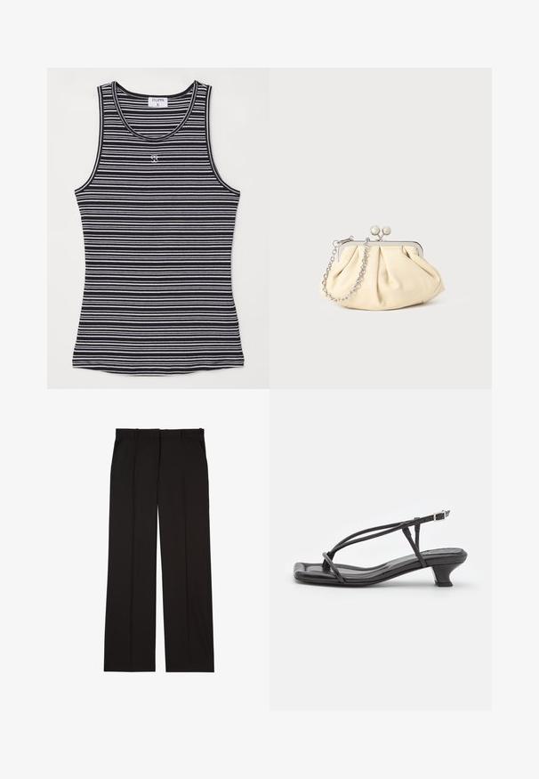 Schwarz-weiß gestreifes Tanktop aus weichem Stoff, mit rundem Ausschnitt und kleinem Logo in der Mitte vorne.; Schwarze, maßgeschneiderte Hosen aus einem glatten Stoff, mit geradem Bein und zwei Seitentaschen. Elegante und minimalistische Konstruktion.; Schwarze Leder-Sandale mit dünnen Riemen, niedrigem Blockabsatz und quadratischer Spitze. Sie verfügt über einen Schnallenverschluss und eine glatte Textur.; Faltige beigefarbene Ledertasche mit einem silbernen Metallrahmen, ausgestattet mit zwei runden dekorativen Verschlüssen und einem silbernen Kettenriemen.