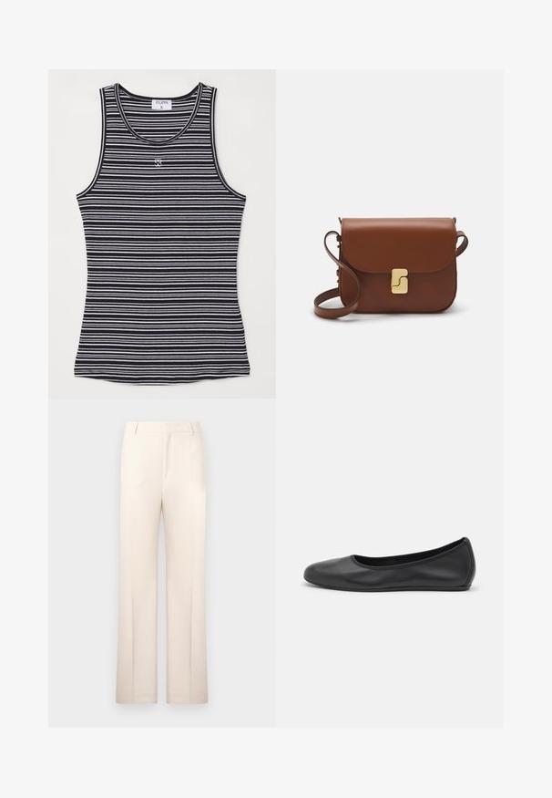 Mustvalge triibuline t-särk pehmest kangast, ümmarguse kaelusega ja väikese logoga esi keskosas.; Kreemjad, sirge lõikega püksid, valmistatud kergest kangast. Omavad eesplekke ja klassikalist vööd.; Musthave mustika tantsutossud mustast nahast, ümmarguse varbaga, siledast tekstuurist, minimaalse õmblusdetailiga ja paindliku tallakujundusega.; Pruunist nahast käekott, millel on klapiga sulgur, kuldne riistvara, õlarihm ja sile tekstuur. Kompaktne ristkülikukujuline vorm.