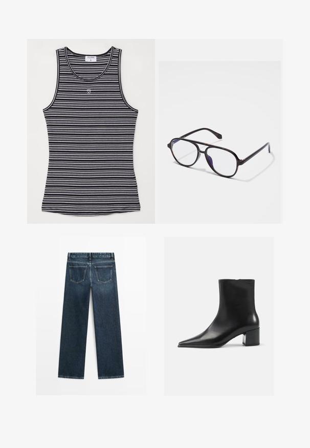 Zwart-wit gestreepte tanktop gemaakt van zachte stof, met een ronde halslijn en een klein logo op het midden van de voorkant.; Donkerblauwe spijkerbroek met een rechte snit, voorzien van twee achterzakken en zichtbare stiksels langs de naden en randen.; Zwarte leren enkellaars met een spitse neus, een soepele textuur en een middenblokhak. Minimalistisch ontwerp, ritssluiting aan de achterkant.; Ronde, donkere tortoise brillen met heldere lenzen. Kenmerken zijn slanke kunststof monturen en een subtiele scharnierdetail op de slapen.