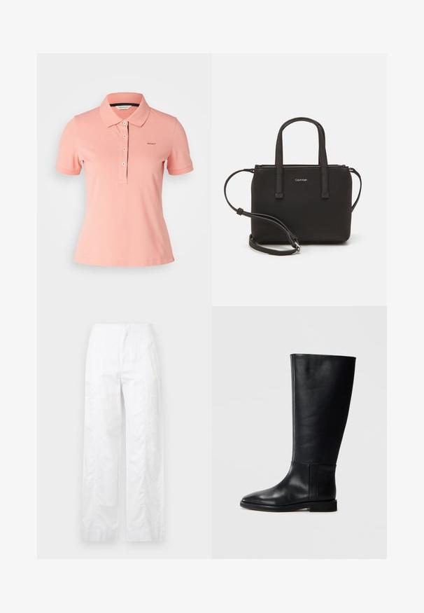 Polo shirt rosa chiaro in cotone, con colletto classico, pattina a tre bottoni e logo ricamato sul petto. Maniche corte.; Pantaloni bianchi a gamba larga realizzati in tessuto leggero, con una texture liscia, linee pulite e un design a vita alta.; Stivale in pelle nera al ginocchio con punta arrotondata, texture liscia, design minimalista e suola piatta. Dettagli di cucitura semplici sulla gamba.; Borsa nera con doppi manici corti e tracolla removibile. Materiale simile alla pelle liscia con chiusura a zip e dettaglio del logo.