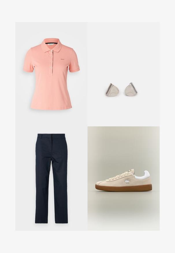 Polo shirt rosa chiaro in cotone, con colletto classico, pattina a tre bottoni e logo ricamato sul petto. Maniche corte.; Pantaloni blu navy con un design a gamba dritta, realizzati in un tessuto liscio, con un frontale piatto e passanti per cintura. Senza motivi o dettagli visibili.; Sneaker in suede beige con dettagli bianchi e suola in gomma. Presenta un logo in rilievo sul lato e lacci beige a contrasto. Design classico.; Orecchini in metallo argentato con forma a goccia liscia e finitura lucida. Incisioni sottili aggiungono dettagli. Design minimalista.