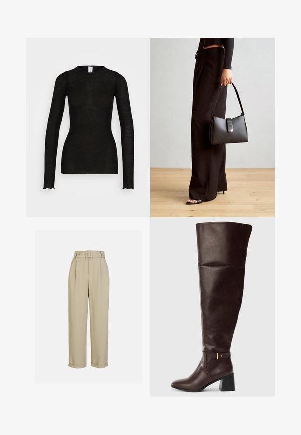 Samsøe Samsøe DOUDO - Pikkade varrukatega topp - black; Beežid, kõrge vöökohaga püksid laia jala disainiga, millel on voldid, sobiv vöö ristkülikukujulise pandlaga ja mansetid allääres.; Tumepruun kuni kõrge saapad plokknõela ja dekoratiivse rihmamustriga külgedel, esitatud selge heleda taustaga.; Must musta kott, millel on struktureeritud kuju, sile tekstuur ja metallist klamber. Kombineeritud laiate mustade pükstega ja avatud varvaste sandaalidega puidust põrandal.