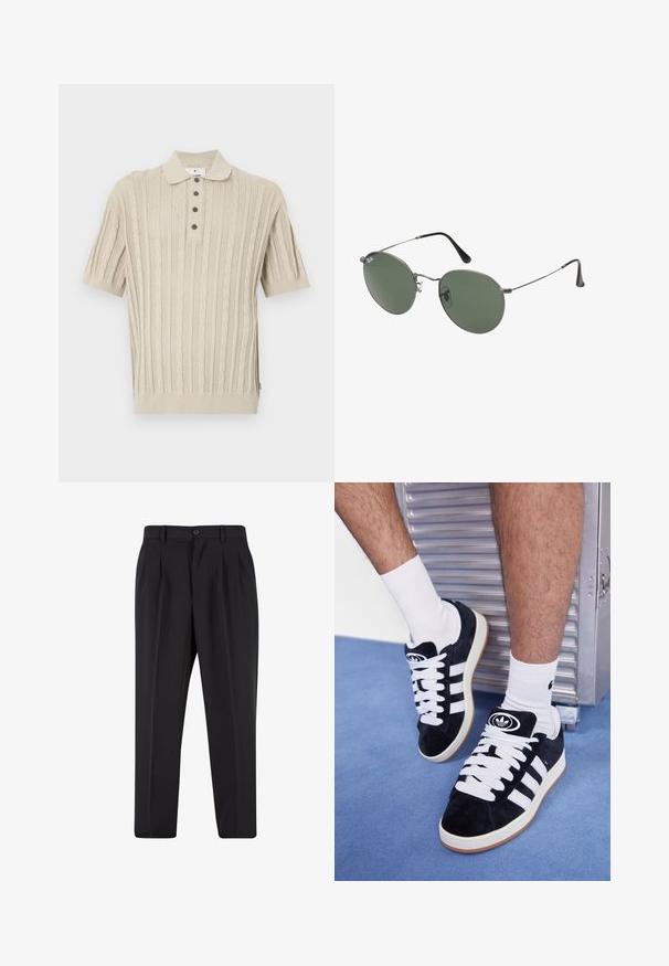 Camisa polo de punto beige con mangas cortas, que presenta patrones de punto en trenzas, tapeta de tres botones y dobladillo y puños de canalé.; Pantalones negros con un diseño de frente plisado, hechos de una tela suave. Cuentan con un cierre de botón y pasadores para cinturón; corte recto.; Zapatillas de ante negras con cordones blancos y tres rayas blancas. Presentan un logotipo circular negro en la lengüeta y una suela de goma color caramel.; Gafas de sol con marco de metal y lentes ovalados verdes. Marco delgado de metal plateado y puntas de las orejas negras. Diseño minimalista, sin logotipos visibles.