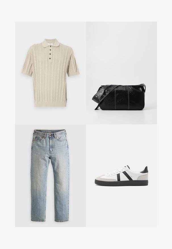 Beige gebreide polo met korte mouwen, voorzien van kabelbreipatronen, een drieknops sluiting en een geribde zoom en mouwen.; Lichtblauwe denim jeans met hoge taille, frontknop, rits en vijfzakkenontwerp, plat gelegd op een neutrale achtergrond.; Witte sneaker met zwarte en grijze accenten, voorzien van een grijze neus met textuur, zwarte rubberen zool en platte witte veters. Schoon ontwerp, minimalistische stijl.; Zwarte leren schoudertas met een ritsluiting, voorzien van een gestructureerd lichaam, witte stiksels en een band met zilveren oogjes.