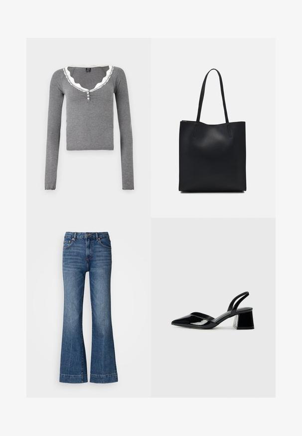 BDG Urban Outfitters DIANA - Ilgarankovis viršutinės dalies drabužis - grey; Tamsiai mėlyni plačiai išskleidžiami džinsai. Yra penki kišenės, diržo kilpos ir oranžiniai siuvinėjimai. Lygi struktūra su klasikinio kirpimo dizainu.; Juodos lakuotos odinės šlepetės su smailiu pirštu ir geometriniu bloko kulnu. Turi elegantišką, minimalistinį dizainą ir lygų paviršių.; Juodas odinis tote krepšys su lygia tekstūra, stačiakampio formos ir dviem ilgais rankenomis. Matomų metalinių detalių ar puošybos nėra.