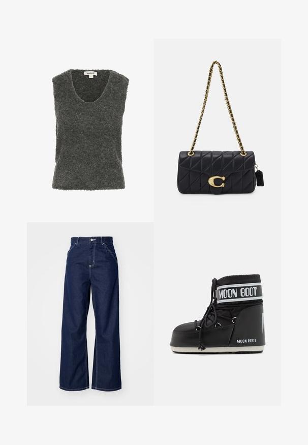 Harmaa neulottu ilman hihoja oleva paita syvällä V-pääntiellä, teksturoidulla pinnalla ja väljällä istuvuudella. Sisäpuolella on etiketti kaula-aukon kohdalla.; Lehtere jeans hämärän sinisessä denimissä, jossa on korkea vyötärö, kontrastivalkoinen omistus ja perinteinen viiden taskun muotoilu.; Musta Moon Boot, jossa on pehmustettu päällinen, joka on kiinnitetty nauhoilla ja jossa on erottuva valkoinen nauha, jossa on logo. Paksu, teksturoitu kumipohja.; Mustat vuoratut käsilaukku kultaketjuhihnalla, jossa on erottuva kultainen solki ja pieni tarkkuustagi, ja joka esittelee tekstuurillista nahkapintaa.