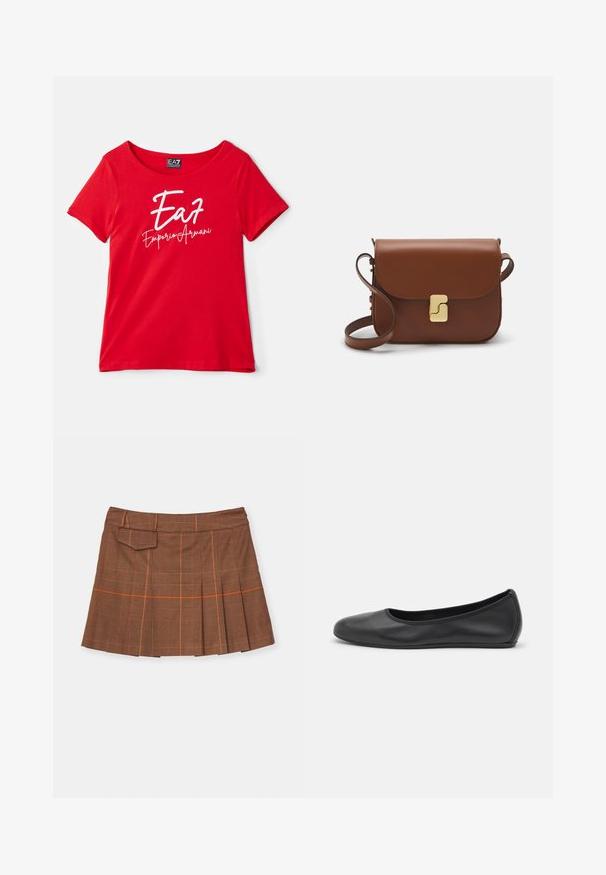 Camiseta corta roja de algodón, con cuello redondo y el logotipo en blanco "EA7 Emporio Armani" impreso en la parte delantera.; Falda de cuadros marrón con un diseño plisado, acentos naranjas y un bolsillo lateral. Hecha de un material texturizado con una cintura ajustada.; Bailarina de piel negra con punta redondeada, textura suave, detalle de costura minimalista y diseño de suela flexible.; Bolso de mano de cuero marrón con cierre de solapa, herrajes en tono dorado, correa para el hombro y una textura suave. Forma rectangular compacta.