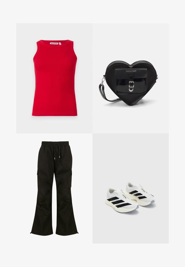 Rotes, geripptes Tanktop mit rundem Halsausschnitt und breiten Schulterträgern. Weicher Stoff mit körperbetontem Design. Markenlabel im Halsausschnitt sichtbar.; Schwarze Cargo-Hosen mit weitem Bein, elastischem Bund, verstellbarem Kordelzug und Seitentaschen. Aus glattem, strapazierfähigem Stoff gefertigt.; Weiße Sportschuhe mit schwarzen Streifen und Branding, ausgestattet mit einem oberen Mesh, abgerundeter Zehenpartie und dicke cremefarbene Sohle für Dämpfung.; Schwarze, herzförmige Tasche aus Lackleder mit einer Vordertasche, die über einen Schnallenverschluss verfügt, sowie einem abnehmbaren Trageriemen. Silberne Hardware-Details.