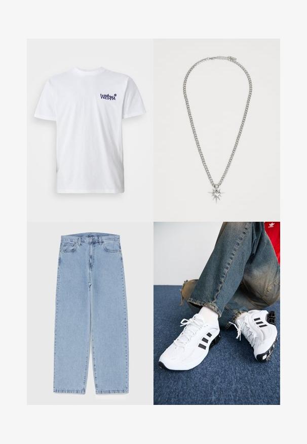 T-shirt en coton blanc à manches courtes, col rond, avec un petit logo "Wiltopia" bleu marine sur la poitrine gauche. Texture lisse.; Jean en denim bleu clair avec une coupe droite, présentant une taille mi-haute, cinq poches, et une fermeture à bouton et à fermeture éclair.; Baskets de sport blanches en maille avec des accents noirs, présentant un design texturé et une semelle distinctive, assorties à un jean en denim bleu.; FAINZ SPIKE HEART CHAIN UNISEX - Collier - silver-coloured