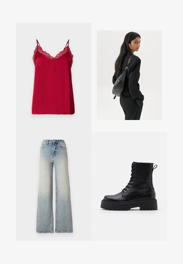 VILA VIKATYA V-NECK SINGLET - Top - fiery red; Light blue wide-leg jeans made of denim, featuring a high waist, five pockets, and visible stitching along the seams.; Black leather ankle boots with a round toe, lace-up front, and a thick rubber sole featuring a textured tread. Pull tab at the back.; Woman with long dark hair wearing a black suit, carrying a black leather shoulder bag, looking over her shoulder against a white background.