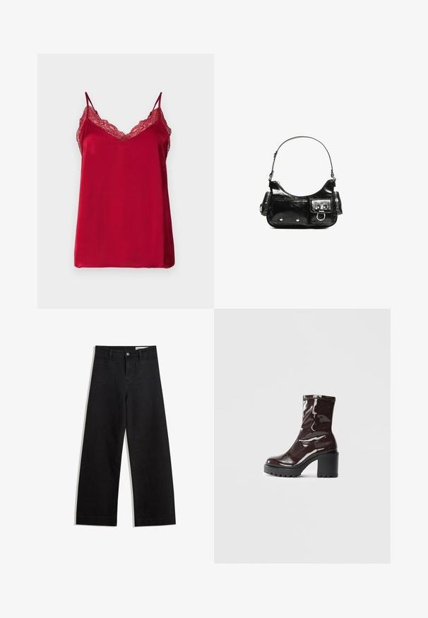 VILA VIKATYA V-NECK SINGLET - Top - fiery red; Schwarze weit geschnittene Jeans mit hoher Taille, ausgestattet mit Vorder- und Hintertaschen, gesteppten Nähten und einem Knopfverschluss. Glatte Textur.; Glatte bordeauxrote Ankle Boots mit einem klobigen schwarzen Absatz, die eine glatte Oberfläche und ein einfaches Design aufweisen. Keine sichtbaren Verschlüsse oder Muster.; Schwarze Lackleder-Handtasche mit geschwungenem Design, einem Schulterriemen, Vordertaschen und silberfarbenen Hardware-Akzenten.
