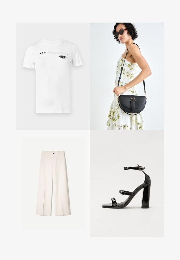 Bílé bavlněné tričko s černým potiskem na hrudi, zobrazujícím abstraktní oko a výrazný text. Krátké rukávy.; Krémové široké kalhoty s tailored designem, které mají dvě přední kapsy a jedno zapínání na knoflík vpředu, vyrobené z hladkého materiálu.; Černé lakované sandály na podpatku se čtveratou špičkou, lýtkovými pásky a stříbrnými přezkami. Disponují masivním blokovým podpatkem pro stabilitu.; Černá kožená kabelka s křivkovým tvarem, odnímatelným popruhem a zlatými detaily. Kabelka má klopu s přezkou.