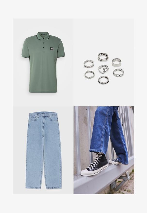 Groene katoenen polo met korte mouwen, klassieke kraag, placket met drie knopen en een klein zwart logo-etiket op de linkerkant van de borst. Zwarte afwerking op de mouwen.; Lichtblauwe denim jeans met een recht model, voorzien van een middelhoge taille, vijf zakken en een knoop- en ritssluiting.; Zwarte hoge sneakers met witte zool en veters, gecombineerd met losse blauwe denim jeans, rustend op een grijze leuning.; Set van zeven zilveren ringen met verschillende ontwerpen, waaronder gedraaide, verbonden en gegraveerde patronen. Verschillende vormen en breedtes.