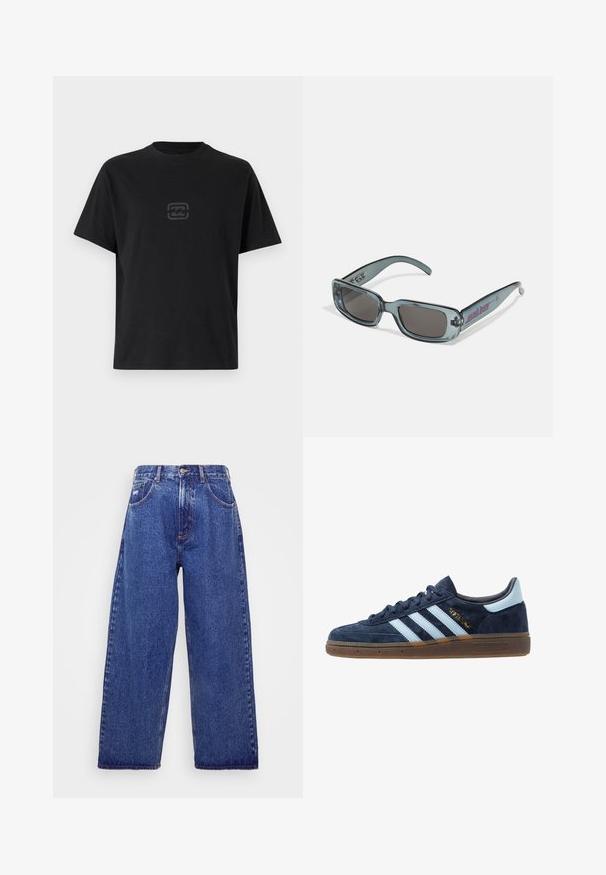 Črna bombažna majica s sproščenim krojem, okroglim izrezom in diskretno logotipom natisnjenim v temnejši odtenek na prsih.; Široke, modre jeans hlače z visokim pasom, ki imajo pet žepov, gumb za zapiranje in diskretno bledenje za teksturo.; Mornarsko modri velur Adidas športni copati z svetlo modrimi črtami, gumijastim podplatom, svetlo modrim petnim jezičkom in zlatim oznako "Spezial" na strani.; Santa Cruz INFERNO UNISEX - Sončna očala - crystal black