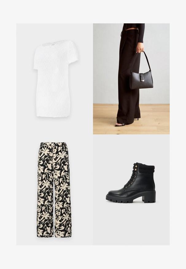 Witte t-shirt met korte mouwen, voorzien van een gestructureerd ruitpatroon en een ronde halslijn, gemaakt van lichte stof.; Zwarte wijde broek met een crèmekleurig bloemenpatroon. Gemaakt van lichtgewicht stof, met een zachte textuur en een hoge tailleband.; Zwarte leren enkellaars met een gestructureerde gebreide kraag, gouden hardware en een dikke rubberen zool met een patroon op de onderkant.; Zwarte handtas met gestructureerde vorm, gladde textuur en een metalen sluiting. Gecombineerd met brede zwarte broeken en sandalen met open teen op een houten vloer.