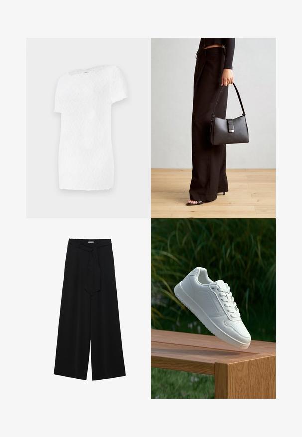 Biała koszulka z krótkim rękawem z teksturowanym wzorem w romby i okrągłym dekoltem, wykonana z lekkiego materiału.; Czarne spodnie szerokie z teksturowanej tkaniny, z elastycznym paskiem w talii i odpinanym paskiem w talii dla regulowanego dopasowania.; Biały sneaker z gładką syntetyczną cholewą, perforowanym noskiem, płaskimi sznurowadłami i teksturowaną podeszwą, wyeksponowany na drewnianej powierzchni.; Czarna torebka o usztywnionym kształcie, gładkiej fakturze i metalowym zapięciem. Połączona z szerokimi czarnymi spodniami i sandałami na otwartym palcu na drewnianej podłodze.